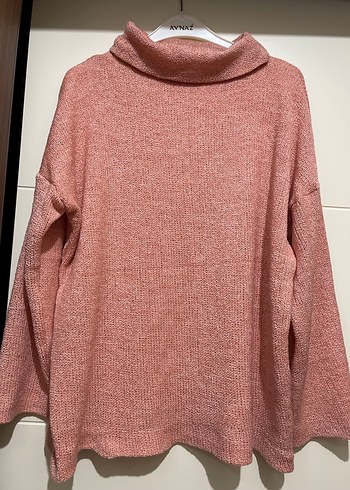 Pembe Yüksek Yakalı Örgü Kadın Kazak - Görsel 2