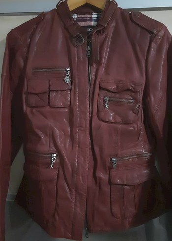 Bordo Kadın Deri Biker Ceket - Görsel 2