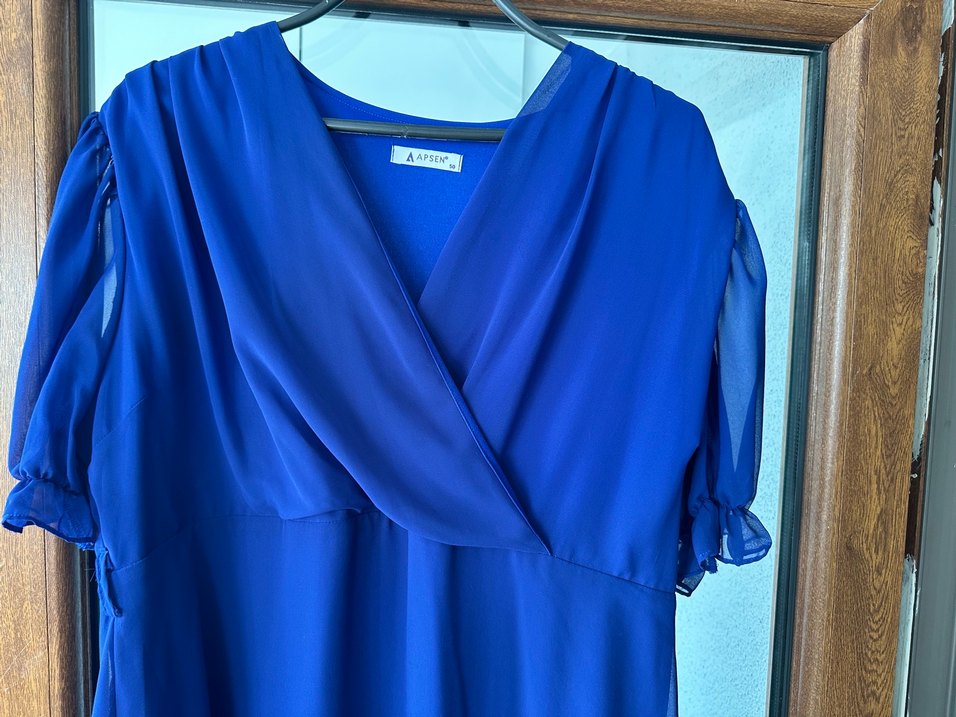 Mavi V Yakalı Midi Drapeli Elbise - Görsel 3