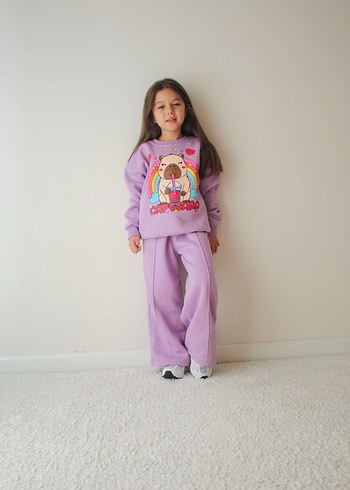 Kız Çocuk Mor Bol Kesim Sweatshirt ve Eşofman
