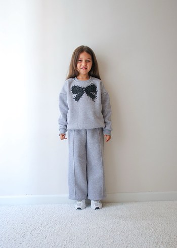 Nakışlı Fiyonklu Gri Kız Sweatshirt ve Pantolon