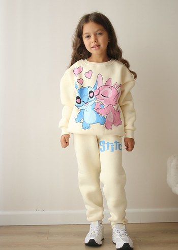 Kız Çocuk Beyaz Örme Sweatshirt ve Eşofman