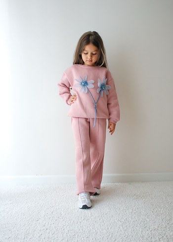 Nakışlı Pembe Kız Sweatshirt ve Eşofman Takımı