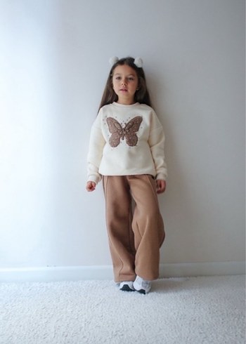 Kız Çocuk Nakışlı Triko Sweatshirt ve Bol Paça Pantolon