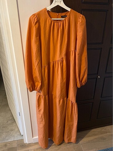 m Beden Trendyol Modest Tarçın Büzgü Detaylı Elbise Uzun