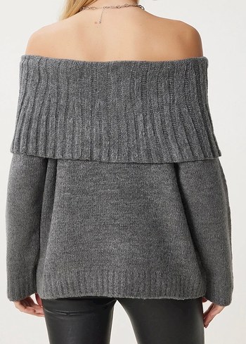 Gri Kayık Yaka Örgü Kadın Kazak - Görsel 6