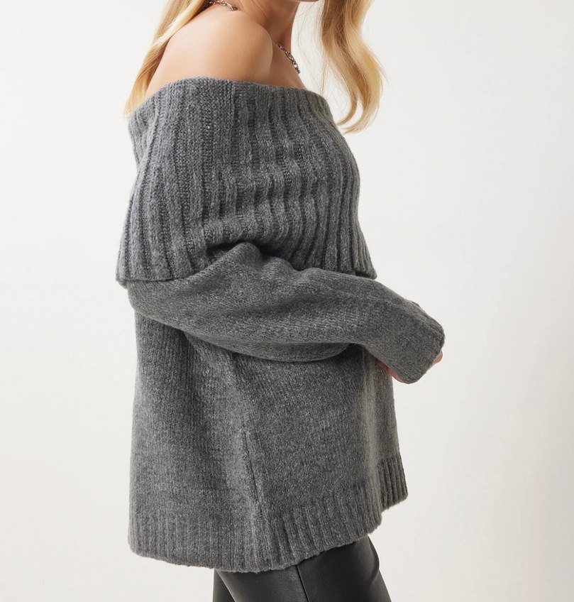 Gri Kayık Yaka Örgü Kadın Kazak - Görsel 4