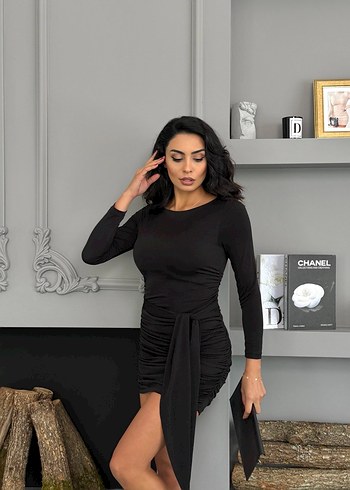 Drapeli Siyah Mini Kuşaklı Elbise