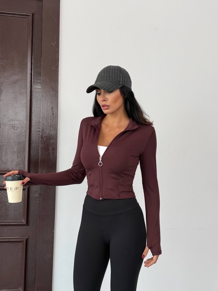 Bordo Fermuarlı Yüksek Yakalı Kadın Sweatshirt - Görsel 5