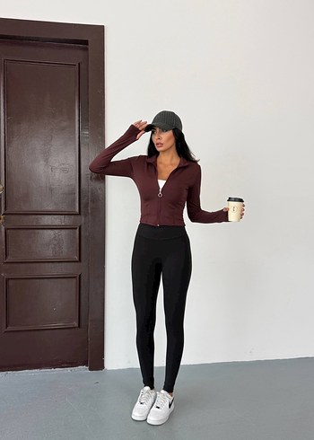 Bordo Fermuarlı Yüksek Yakalı Spor Sweatshirt - Görsel 2