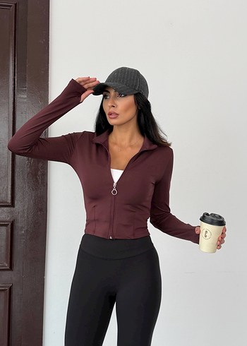 Bordo Fermuarlı Yüksek Yakalı Spor Sweatshirt - Görsel 4