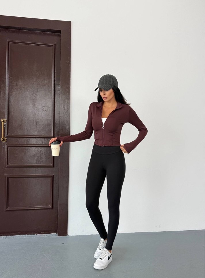 Bordo Fermuarlı Yüksek Yakalı Spor Sweatshirt - Görsel 3