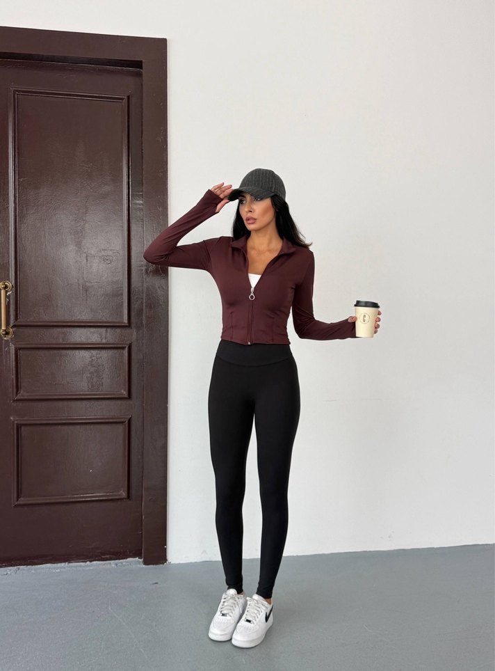 Bordo Fermuarlı Yüksek Yakalı Spor Sweatshirt - Görsel 2