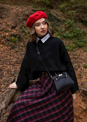 Bordo Kare Desenli Uzun Etek - Görsel 3