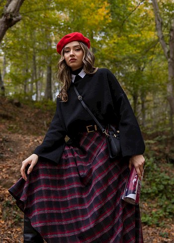 Bordo Kare Desenli Uzun Etek - Görsel 6