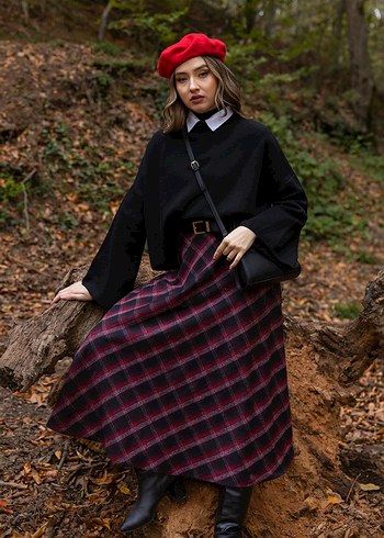 Bordo Kare Desenli Uzun Etek - Görsel 2