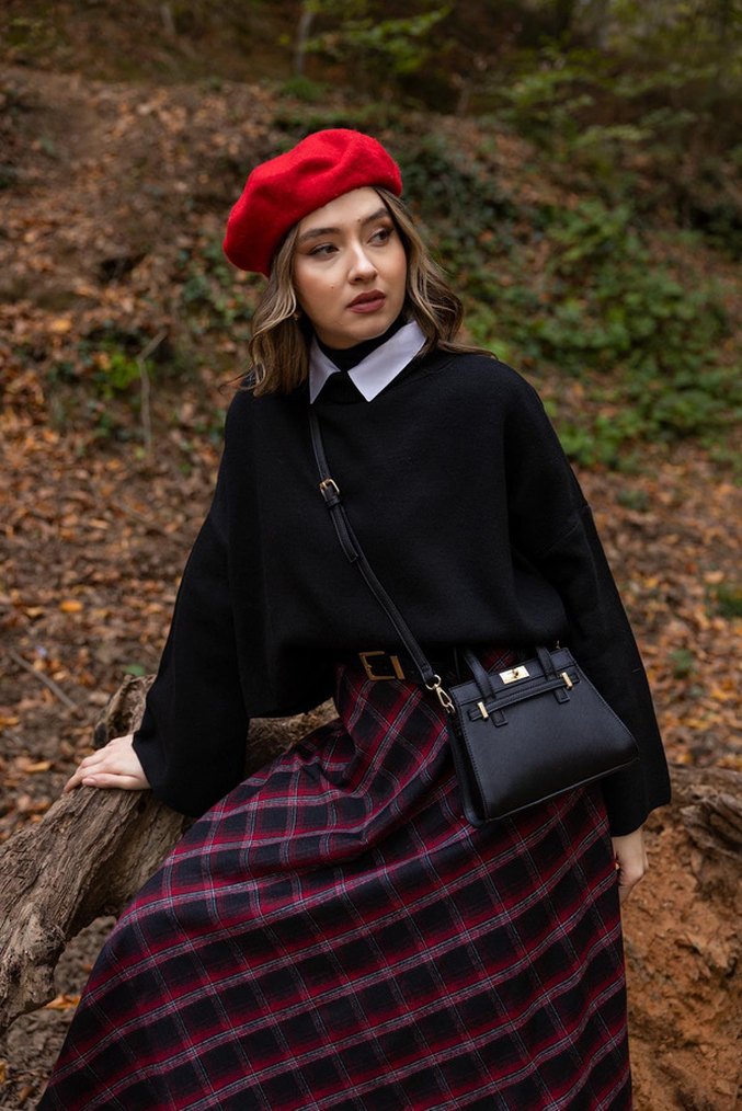 Bordo Kare  Desenli Uzun Etek - Görsel 3