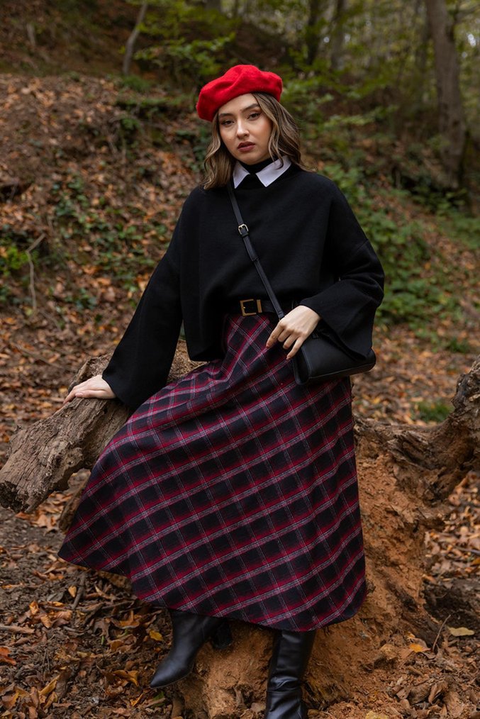 Bordo Kare  Desenli Uzun Etek - Görsel 2