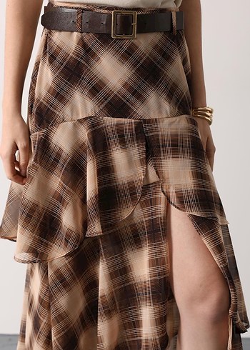 Kahve Ekoseli Fırfırlı Kat Kat Kemerli ETek - Görsel 4