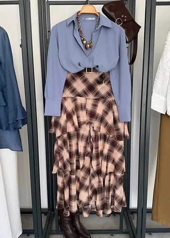 Kahve Ekoseli Fırfırlı Kat Kat Kemerli ETek - Görsel 9