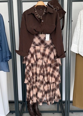 Kahve Ekoseli Fırfırlı Kat Kat Kemerli ETek - Görsel 8