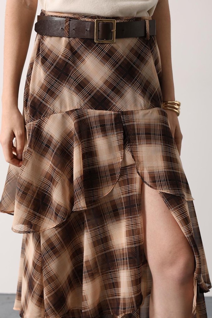 Kahve Ekoseli Fırfırlı Kat Kat Kemerli ETek - Görsel 4