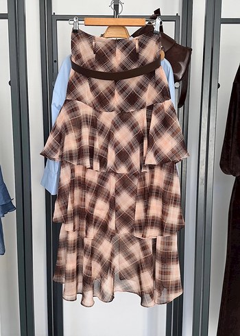 Kahverengi Ekose Desenli Uzun Kadın Etek - Görsel 5