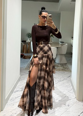 Kahverengi Ekose Desenli Uzun Kadın Etek - Görsel 2