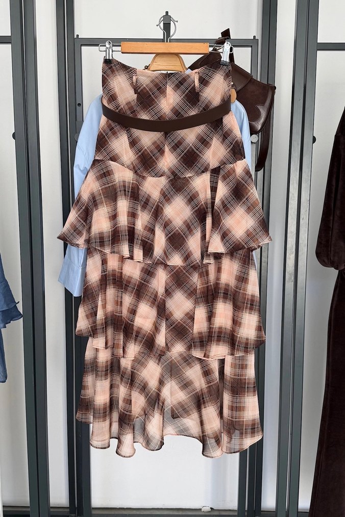 Kahverengi Ekose Desenli Uzun Kadın Etek - Görsel 5