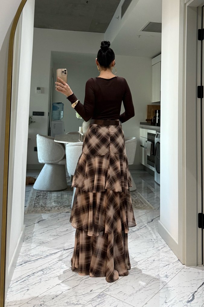 Kahverengi Ekose Desenli Uzun Kadın Etek - Görsel 3