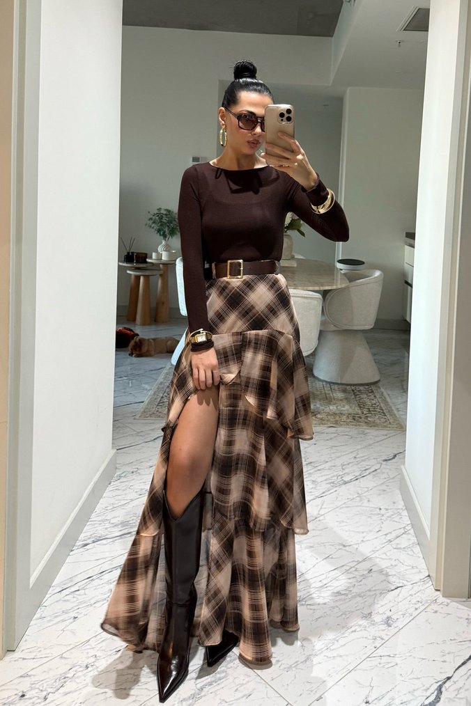 Kahverengi Ekose Desenli Uzun Kadın Etek - Görsel 2
