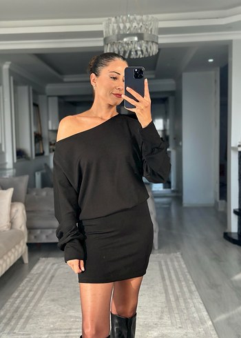 Yarasa Kol Düşük Omuz Modal Kumaş Mini Elbise Hafif Likralı - Görsel 5