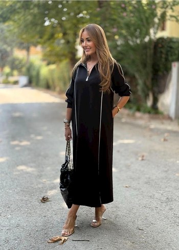 Siyah V Yakalı Fermuarlı Uzun Elbise - Görsel 3