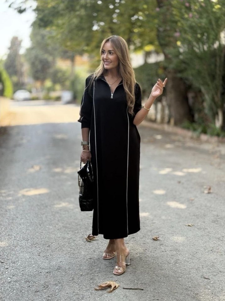 Siyah V Yakalı Fermuarlı Uzun Elbise - Görsel 2