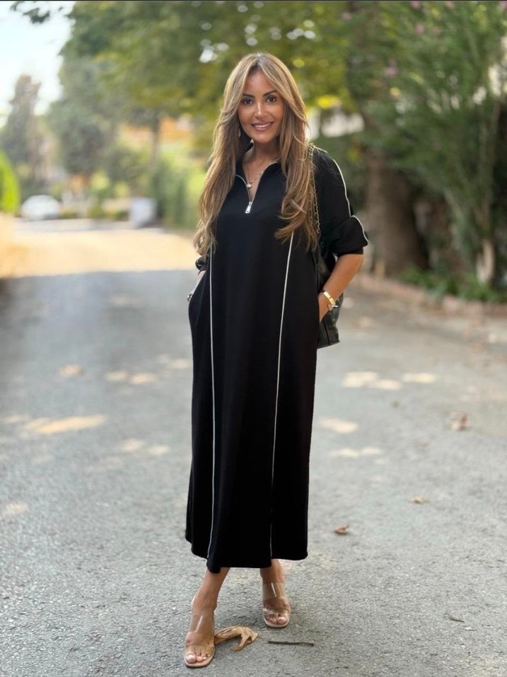 Siyah V Yakalı Fermuarlı Uzun Elbise - Görsel 4