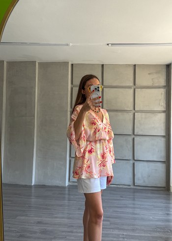 l Beden Somon Rengi Desenli Kimono Bluz