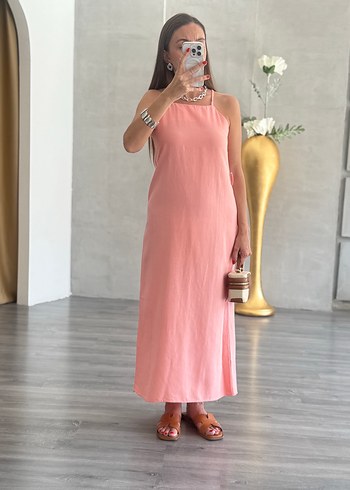 m Beden Pembe Halter Yaka hasır ip Detaylı Uzun Elbise