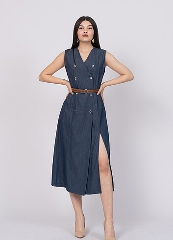 Denim Görünümlü Kemerli Elbise S M L XL Bedenlidir İki Omuz ar