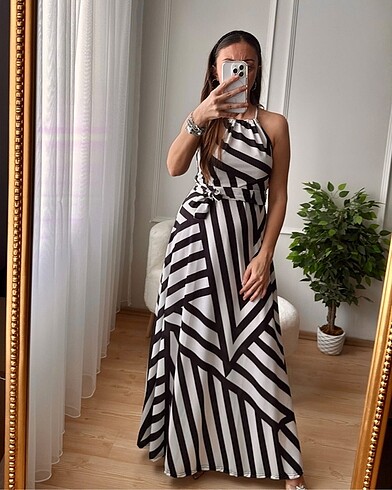 Geometrik Desen Kuşaklı Süprem Elbise S/M L/XL 2XL/3XL Bedenli
