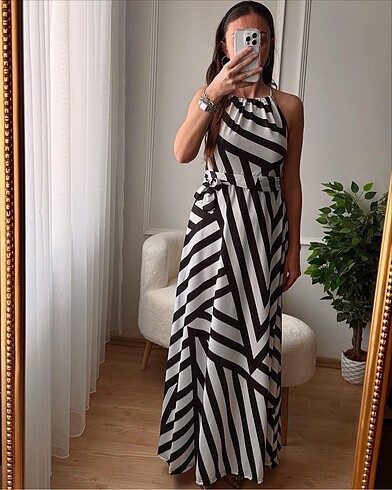 xxl Beden Geometrik Desen Kuşaklı Süprem Elbise S/M L/XL 2XL/3XL Bedenli