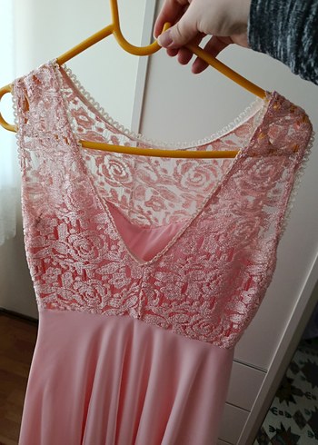 Dantel Detaylı Pembe Midi Abiye Elbise - Görsel 4