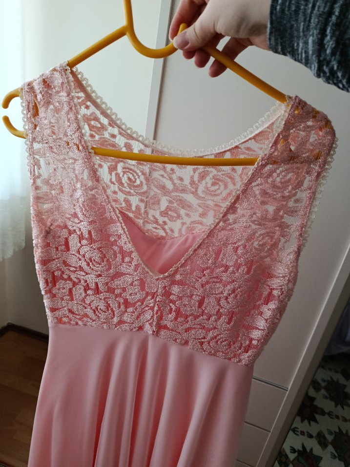 Dantel Detaylı Pembe Midi Abiye Elbise - Görsel 4