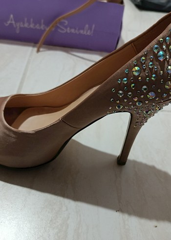 Bej Taşlı Yüksek Topuklu Kadın Abiye Ayakkabı - Görsel 3