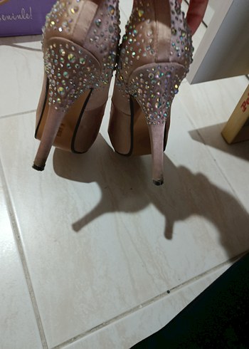 Bej Taşlı Yüksek Topuklu Kadın Abiye Ayakkabı - Görsel 5