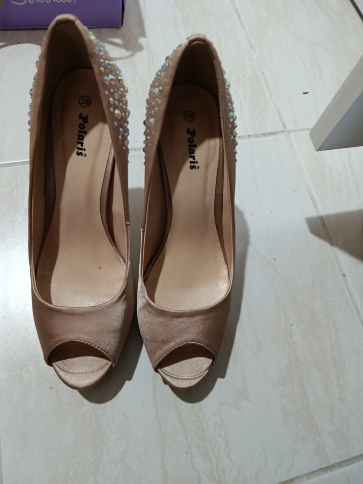 Bej Taşlı Yüksek Topuklu Kadın Abiye Ayakkabı - Görsel 2