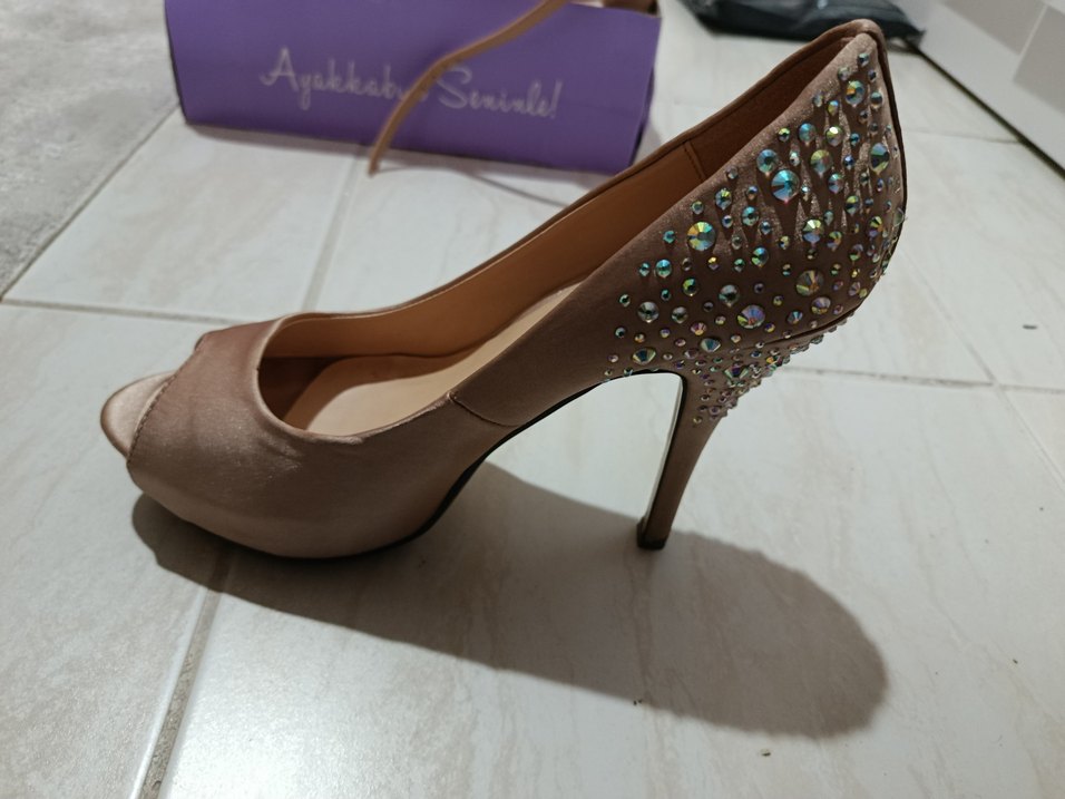 Bej Taşlı Yüksek Topuklu Kadın Abiye Ayakkabı - Görsel 3