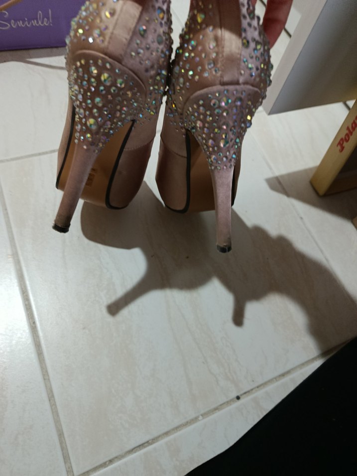 Bej Taşlı Yüksek Topuklu Kadın Abiye Ayakkabı - Görsel 5