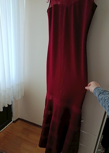 Bordo Uzun  Drapeli Abiye Elbise - Görsel 2