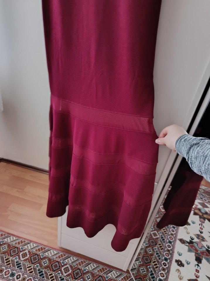 Bordo Uzun  Drapeli Abiye Elbise - Görsel 4