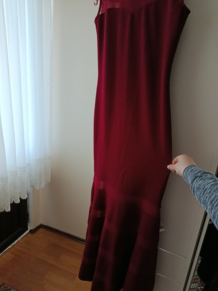 Bordo Uzun  Drapeli Abiye Elbise - Görsel 2